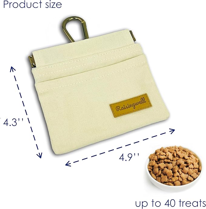 Dog Treat Pouch, Lvory Pocket Sized Pet Training Pouch, Cotton Fabric, Hand Free Dog Walking Bag with Carabiner, Self-Closing Pet Feed Snack Reward, for Puppy Travel or Outdoor Use