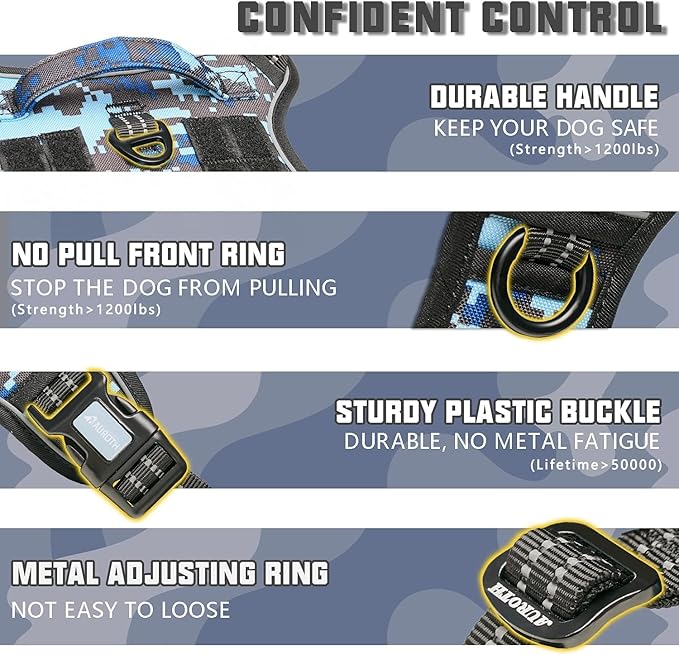 Auroth Tactical Dog Training Harness No Pulling Front Clip Leash Adhesion Reflective K9 Pet Working Vest Easy Control for Small Medium Large Dogs Blue Camo M