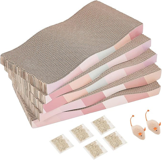 Cat Scratching Pads Cardboard Cat Scratchers for Indoor Cats Reversible Large Wide Corrugated with Catnip and Mini Toy(5pcs)