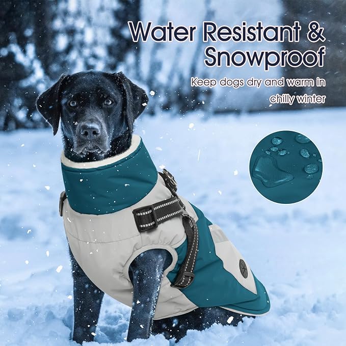 IECOii Large Dog Coat with Harness Built in,Reflective Waterproof Dog Coat for Giant Breeds - Zip Up Fleece Jacket for Dogs,Great Dane Winter Coats Warm Snowsuit for Cold Weather, Turquoise Green, 4XL