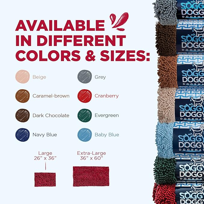 Soggy Doggy Doormat Plain Solid Color Design - Ultra Absorbent Microfiber Chenille Wet Dog Mat for Muddy Paws - Non-Slip and Machine Washable (Cranberry, Large 26” x 36”)