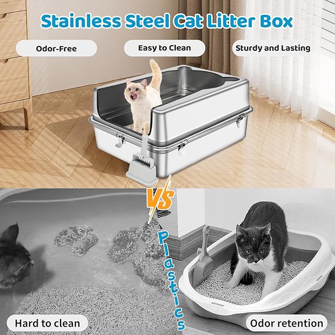Extra Large Stainless Steel Litter Box, XXXL 27.5" L x 19.7" W x 11.8" H Semi Enclosed Removable Metal Cat Litter Box with High Sided Enclosure, Scoop, Anti-Leakage, Non-Sticky, Easy Cleaning