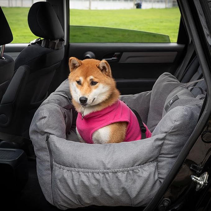 JACKO & CO Premium Medium Dog Car Seat – Safe & Cozy Travel Bed for Small & Med Dogs, Puppies & Pets 25–40 lbs, Clip-On Leash, Storage Pockets, Water-Resistant, Machine Washable (Grey, Medium)