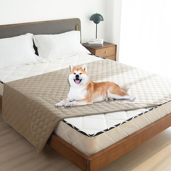 gogobunny 3X Stronger Waterproof Pet Blanket, Scratch Proof Furniture Protector for Dogs Cats, Reversible Cover 68x82 Inch, Dark Beige