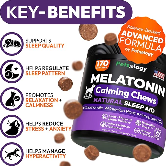 Advanced Melatonin for Dogs - 170 Dog Melatonin Calming Chews for Small and Large Dogs - Natural Hemp Dog Sleep Aid, Puppy Sleeping Pills, Anxiety, Stress, Separation, Barking, Fireworks - Made in USA