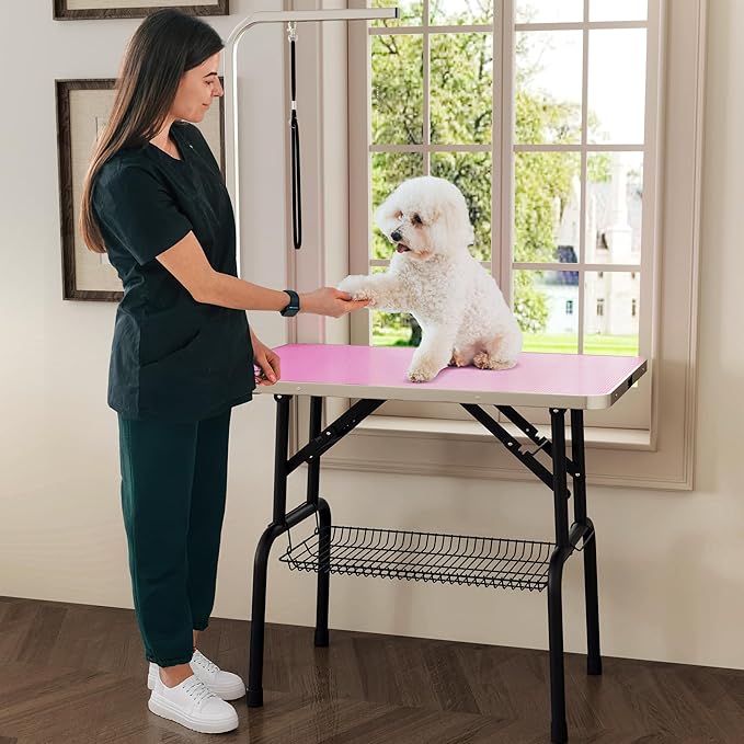DWVO 36'' Dog Grooming Table, Foldable Pet Grooming Table with Adjustable Arm, Loop, and Mesh Tray, Non-Slip Portable Dog Bathing Station, Pink