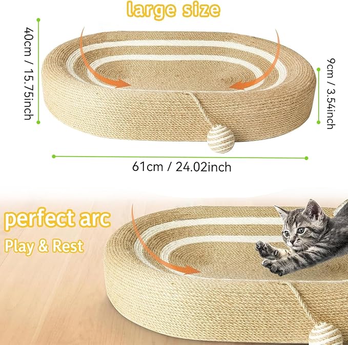 Cat Scratching Post and Cat Mat - 24 Inch Durable Sisal Rope with Interactive Ball, 3-in-1 Cat Scratcher Cardboard Bed for Indoor Cats to Play, Round-Oval Rest and Scratch (Medium Large Size, Oval)
