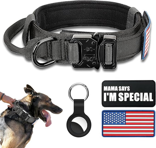 Tactical Military Collar - Adjustable Nylon, Heavy Duty Metal Buckle with Handle for Dog Training, with Patches (M, Black)