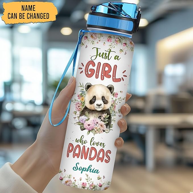 Hyturtle Personalized Panda Lovers 32 Oz 1Liter Motivational Water Bottle With Time Marker, Just A Girl Who Loves Pandas, Animal Lovers Gifts For Women, Girl On Birthday, Christmas