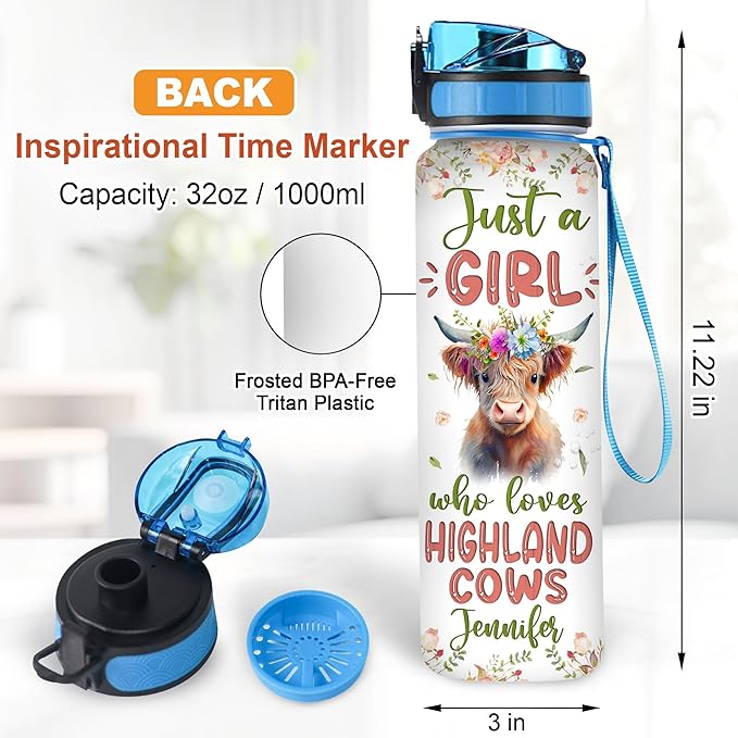 Hyturtle Personalized Highland Cow Lovers 32 Oz 1Liter Motivational Water Bottle With Time Marker, Just A Girl Who Loves Highland Cows, Animal Lovers Gifts For Women, Girl On Birthday, Christmas