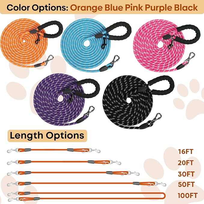 100FT Extra Long Dog Leash for Dog Training, Reflective Dogs Leash with Lockable Hook, Heavy Duty Dog Lead Tie Out Rope for Large Medium Small Dogs Outside Walking, Playing, Camping, or Yard Orange