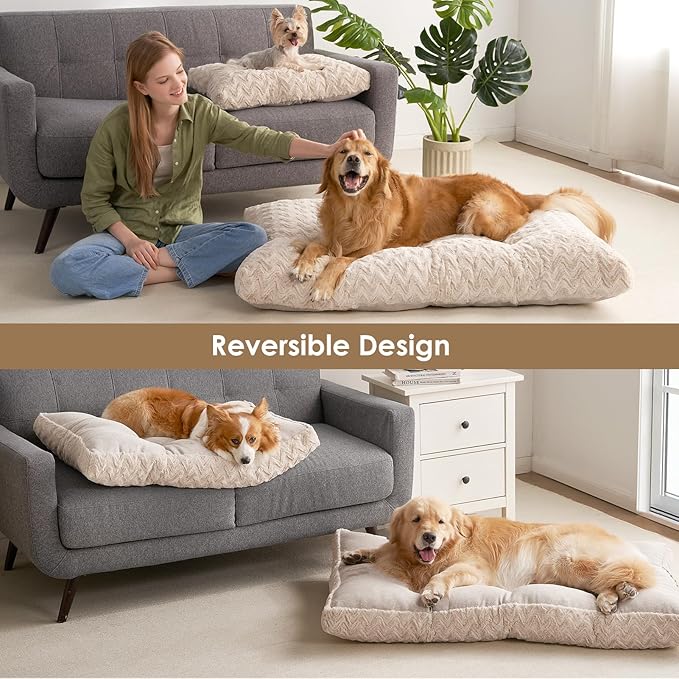 EHEYCIGA Reversible Dog Crate Bed Washable, Comfort Fluffy Plush Dog Kennel Pad for Gaint Dogs, Deluxe Machine Washable XXL Pet Sleeping Mats, 47" x 29"x 4", Beige