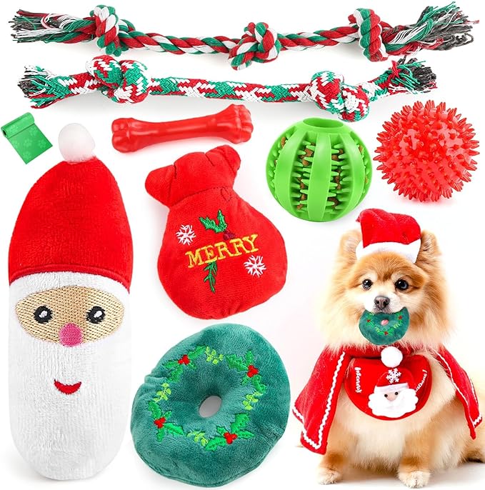 Christmas Dog Toys 9 Pack, Luxury Santa Puppy Chew Toy, Cotton Squeaky Plush Toys for Small Dogs, Durable Interactive Rope Treat Dog Ball and Bones, Rubber Teething Toys for Dogs Gifts