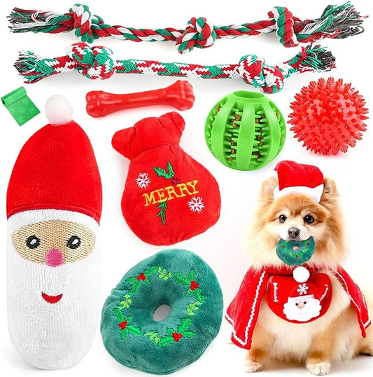 Christmas Dog Toys 9 Pack, Luxury Santa Puppy Chew Toy, Cotton Squeaky Plush Toys for Small Dogs, Durable Interactive Rope Treat Dog Ball and Bones, Rubber Teething Toys for Dogs Gifts