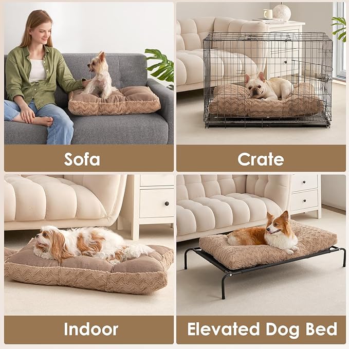 EHEYCIGA Reversible Dog Crate Bed Washable, Comfort Fluffy Plush Dog Kennel Pad Medium Size Dogs and Cats, Deluxe Machine Washable Pet Sleeping Mats, 29" x 21"x 3", Camel