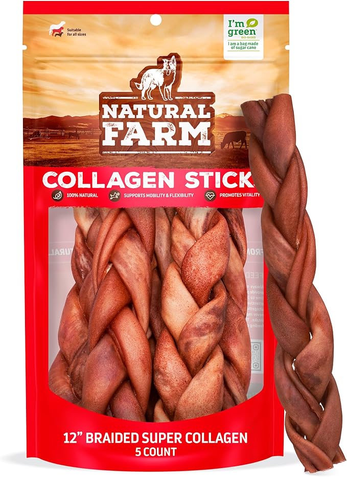 Natural Farm Odor-Free Super Braided Collagen Dog Chews (12-Inch, 5-Pack) First Ever Real Bull Sticks Alternative: 100% Natural Angus Hide Collagen Treats - More Protein, More Chew Time for All Dogs