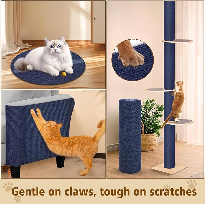 Cat Scratch Furniture Protector – DIY Climb Scratch Mat, Couch Protector from Cat Claws, Trimmable Self-Adhesive Carpet for Sofa, Furniture, Cat Tree (Dark Blue, 78.7" x 15.8")