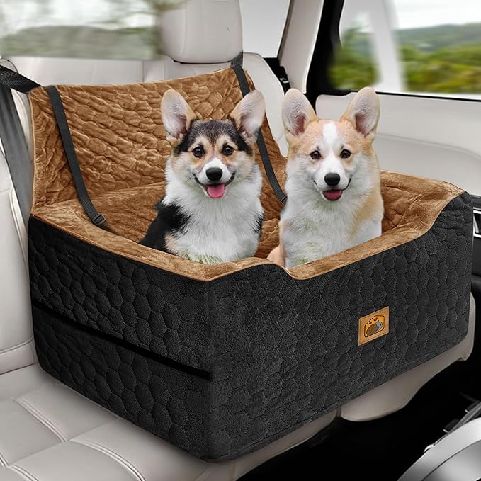Dog Car Seat for Medium/Large Dog Booster Seat Under 60 lbs or 2 Small Dogs, Multi-Functional Pet Car Seat with Thick Cushion, 2 Safety Leashes(BlackBrown)