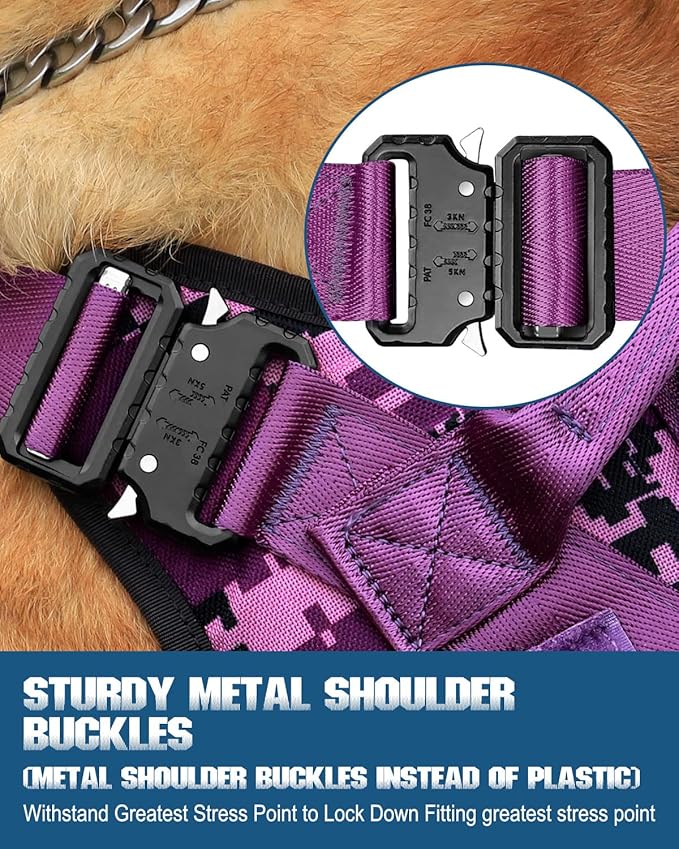 PETNANNY Tactical Service Dog Vest - No-Pull Emotional Support Harness with Hook & Loop Patches & Molle System for Training & Hunting (Purple Camo, Medium)