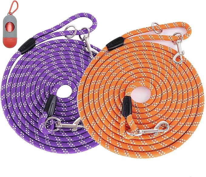 2 Pack Orange&Purple 20FT Long Dog Leashes, Heavy Duty Comfortable Dog Lead for Large Medium Small Dogs Outside Walking, Playing, Camping, or Yard
