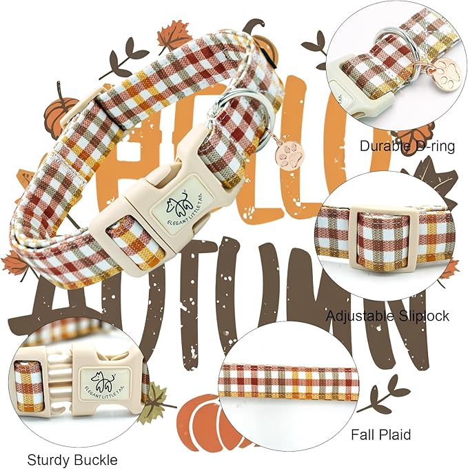 Elegant little tail Fall Dog Collar, Plaid Puppy Collars Fall Yellow Male Cute Puppy Adjustable Cotton Pet Collar with Quick Release Buckle for Small Medium Large Dogs
