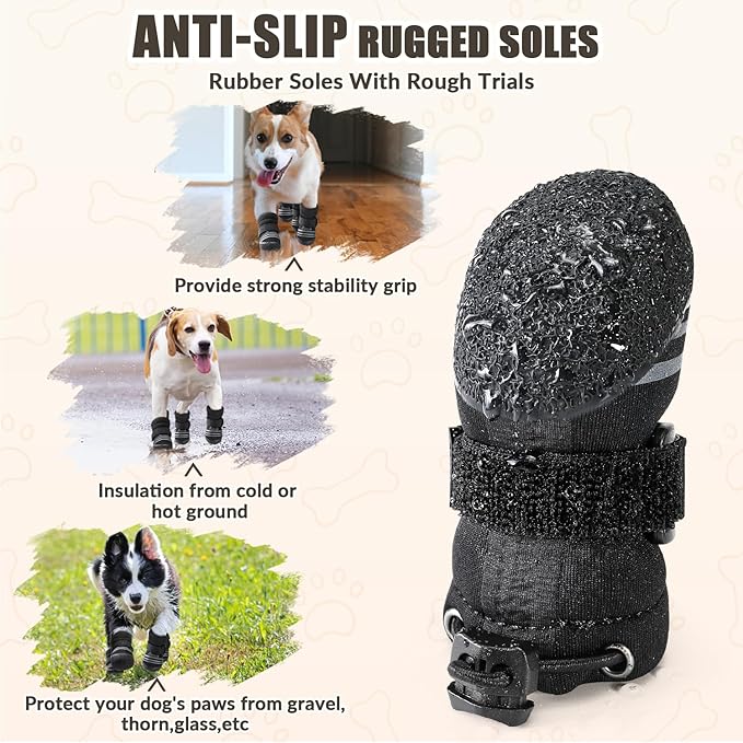 SlowTon Dog Shoes for Medium Large Dogs - Water Resistant Anti-Slip Dog Boots for Hot Pavement Rain Snow,Reflective Dog Paw Protectors for Outdoor Walking, Indoor Hardfloors(Black,2)
