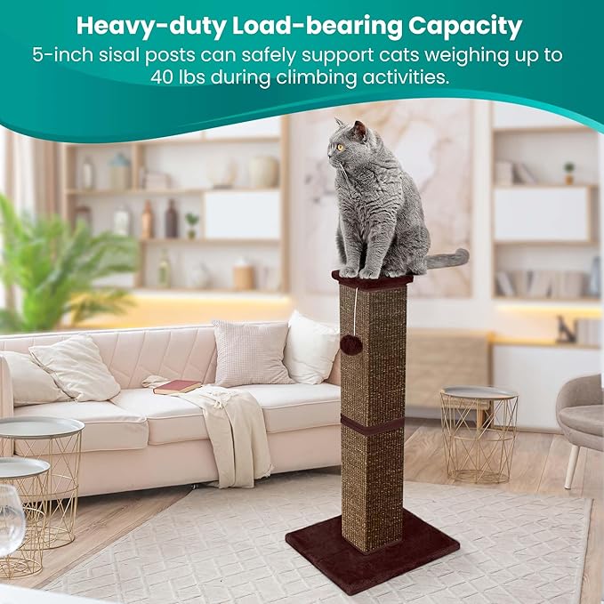 Cat Scratching Post 32 Inch for Indoor Large Cats and Kitten, Nature Sisal Tall Cat Scratch Post, Sisal Cat Scratcher Improve Cat's Scratching Habits and Protect Your Furniture, Full Brown