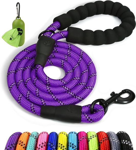 Taglory Rope Dog Leash 4 FT with Comfortable Padded Handle, Highly Reflective Threads Leash for Small Dogs, 3/8 inch, Purple
