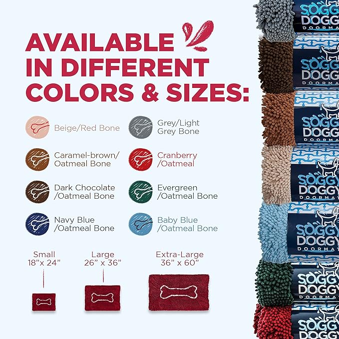 Soggy Doggy Doormat with Bone Design - Ultra Absorbent Microfiber Chenille Wet Dog Mat for Muddy Paws - Non-Slip and Machine Washable (Cranberry/Oatmeal Bone, Large 26” x 36”)