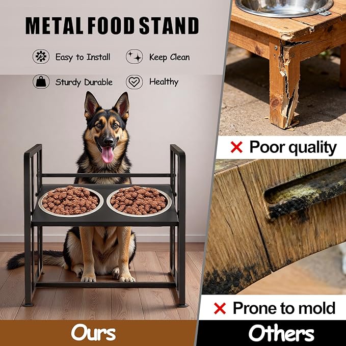 Elevated Dog Bowls 4 Height Adjustable Metal Pet Food Feeder Stand with 2 Stainless Steel Bowl Raised Dogs Feeding Station with Non-Slip Mats Black (Black, Without Feeding Mat)