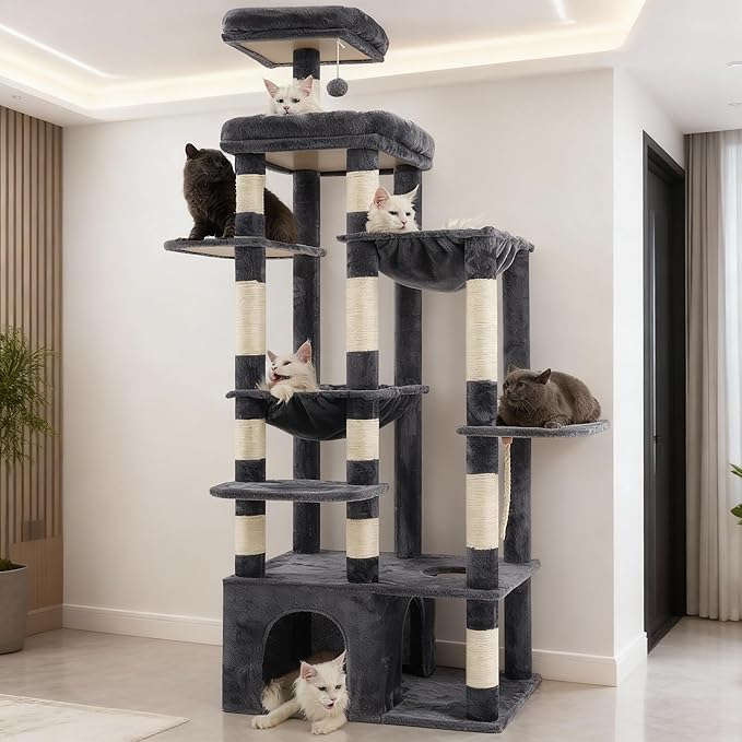 Heybly Cat Tree, 71-Inch Tall Cat Tower for Large Maine Coon Cats with Extra-Large Baseboard, Cat Condo Furniture with Multi-Level Platforms, 2 Hammocks and 12 Scratching Posts, Smoky Gray HCT037G
