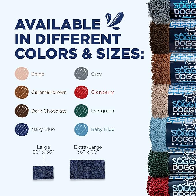 Soggy Doggy Doormat Plain Solid Color Design - Ultra Absorbent Microfiber Chenille Wet Dog Mat for Muddy Paws - Non-Slip and Machine Washable (Navy Blue, Large 26” x 36”)