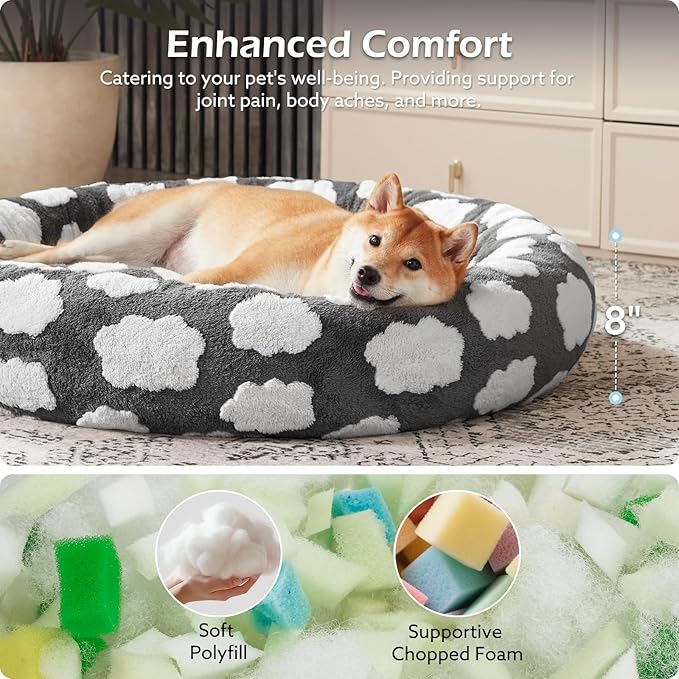 JOEJOY Donut Small Dog Bed, Round Cat Beds for Indoor Cats with Removable Washable Cover, Orthopedic Cute Puppy Kitten Pet Bed with Jacquard Shaggy Plush & Non Skid Bottom, Black