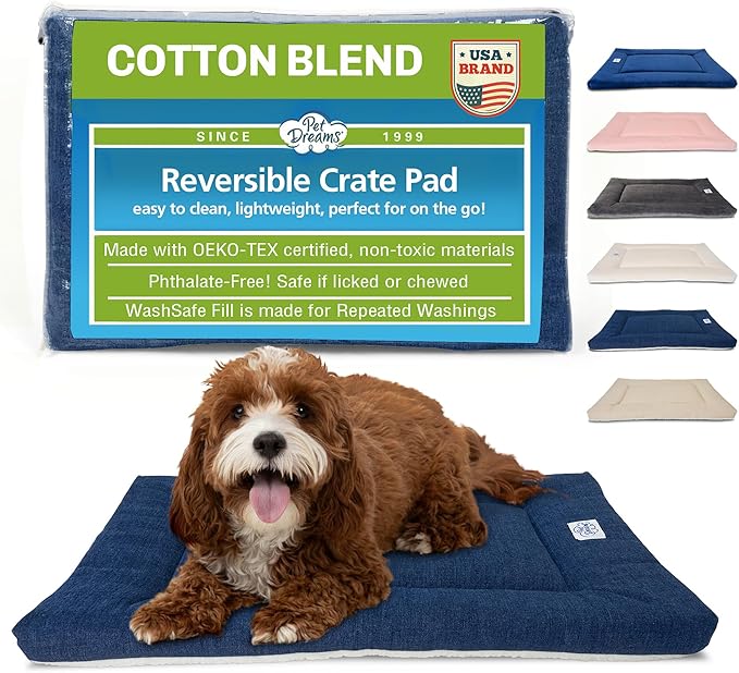 Pet Dreams Dog Crate Pad - Washable Kennel Mat, Crate Pads for Dog Cages, Non-Toxic, Flat Indoor Cat Bed, Fits iCrate 18, 24, 30, 36, 42, 48 Inches (Denim, X Small, 18")