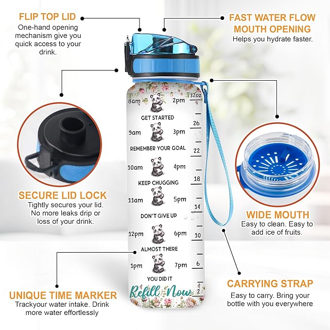 Hyturtle Personalized Panda Lovers 32 Oz 1Liter Motivational Water Bottle With Time Marker, Just A Girl Who Loves Pandas, Animal Lovers Gifts For Women, Girl On Birthday, Christmas