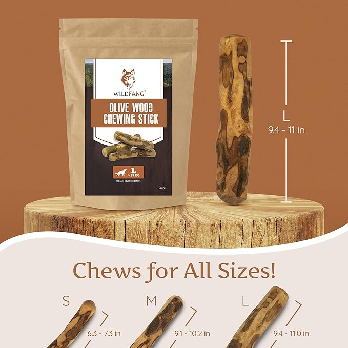 Wildfang® Olive Wood Chewing Sticks for Dogs, Medium - Tough Chew Toys for Aggressive Chewers, Puppy Chew Toys for Teething, Training for Chewing Muscles, Olive Wood Stick for Dog (33-55lbs), 3pack
