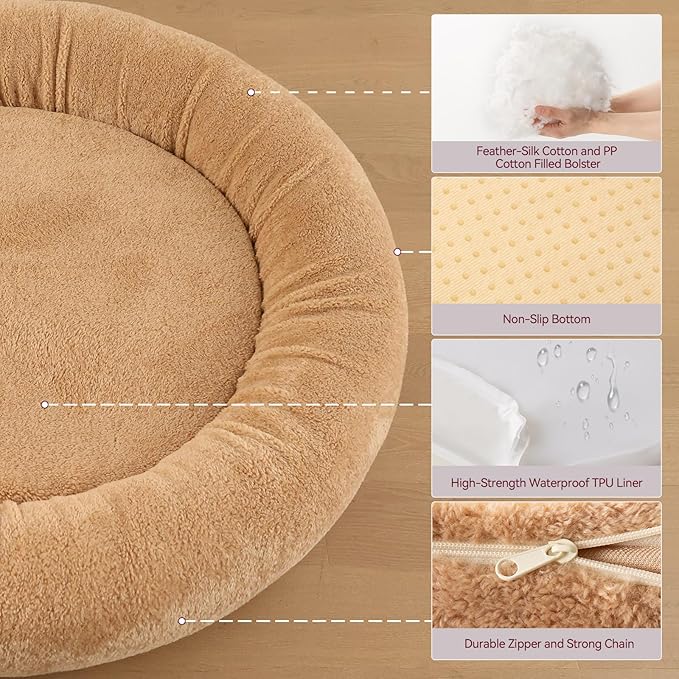 Self-Warming Calming Donut Dog Bed for Large Dogs – Orthopedic Memory Foam Round Dog Bed for Anxiety Relief & Senior Joint Support, Waterproof Liner, Washable Removable Cover & Non-Slip Bottom