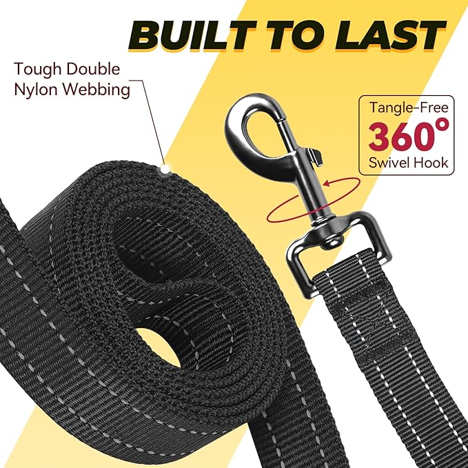 VIVAGLORY Twingrip Dog Leash, Double Handle Dog Leash for Training & Walking with Traffic Handle & 2 Loop, Traffic Control Reflective Heavy Duty for Puppy Pet, 5ft x 1in, Black