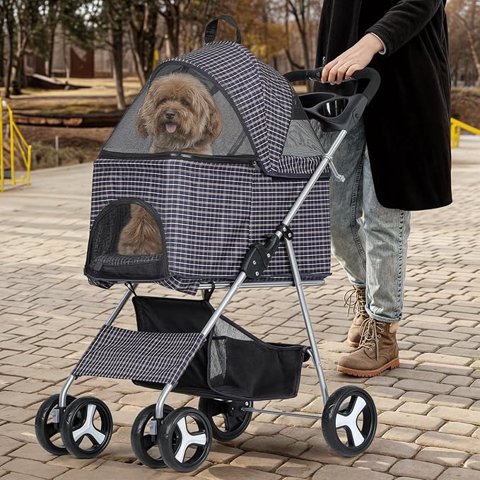 MoNiBloom 3 in 1 Foldable Pet Stroller for Small & Medium Dogs, Detachable Carrier, Car Seat, Push Button Entry, 4-Wheel Jogger for Pets up to 33 lbs, Plaid