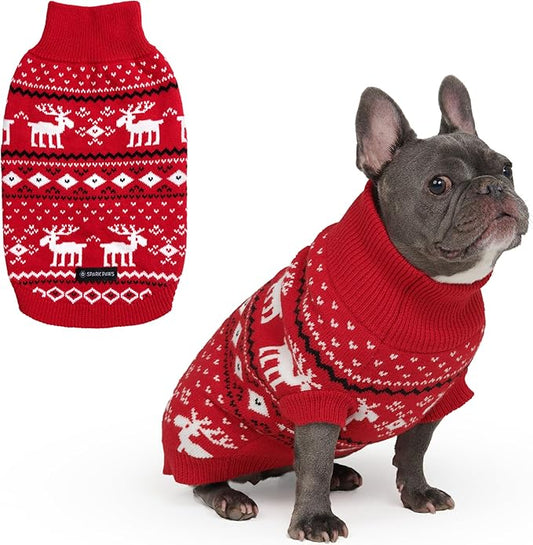 Spark Paws Christmas Dog Sweater – Ultra Soft Holiday Knit Sweater for Small, Medium & Large Dogs, Cute Pet Sweater for French Bulldogs & Big Dogs, Easy Potty V Cut Design Jacket - (Dasher Red,L)