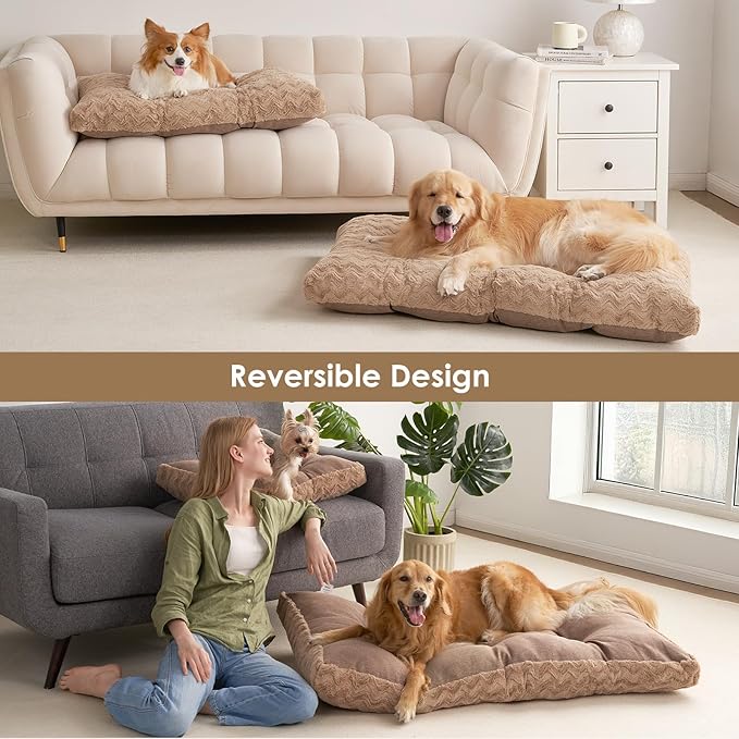 EHEYCIGA Reversible Dog Crate Bed Washable, Comfort Fluffy Plush Dog Kennel Pad Medium Size Dogs and Cats, Deluxe Machine Washable Pet Sleeping Mats, 29" x 21"x 3", Camel