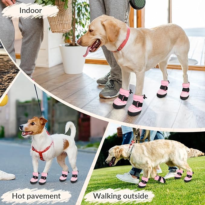 SlowTon Dog Shoes for Medium Large Dogs - Water Resistant Anti-Slip Dog Boots for Hot Pavement Rain Snow,Reflective Dog Paw Protectors for Outdoor Walking, Indoor Hardfloors(Pink,2)