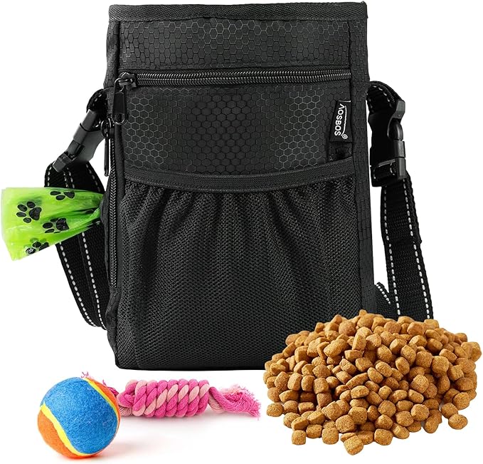 Aosbos Dog Treat Pouch with Built-in Poop Bag Dispenser & Easy-Clean Liner - Dog Training Treat Bag with Reflective Strap & Belt Clip, Black Orange