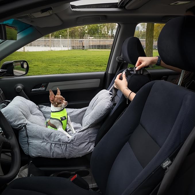 JACKO & CO Premium Dog Car Seat – Safe & Cozy Travel Bed and Carrier for Small Dogs, Puppies, Pets up to 25 lbs, Clip-On Leash & Storage Pockets, Water-Resistant, Machine Washable (Grey, Small)