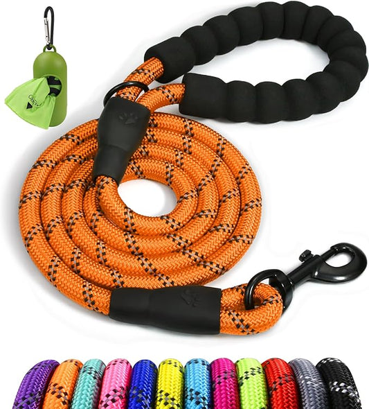 Taglory Rope Dog Leash 6 FT with Comfortable Padded Handle, Highly Reflective Threads Leash for Small Dogs, 3/8 inch, Orange
