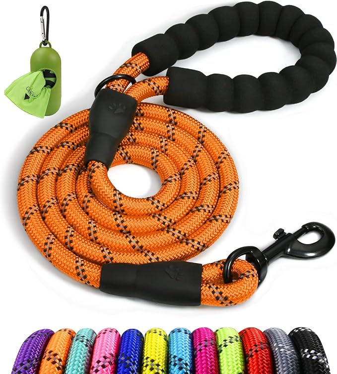 Taglory Rope Dog Leash 5 FT with Comfortable Padded Handle, Highly Reflective Threads Leash for Medium Large Dogs, 1/2 inch, Orange