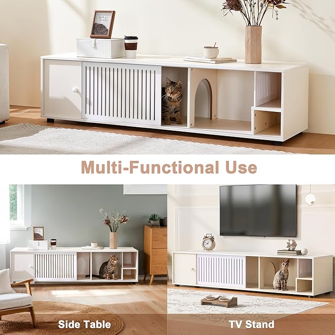 Cat Litter Box Enclosure with Removable Sliding Door, Modern TV Stand with Storage, Cream White