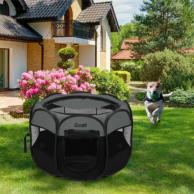 Portable Puppy Playpen Indoor, Small Dog Playpen, Pop Up Kitten Cat Play Pen Tent for Outdoor, Foldable Pet Cage Crate Kennel with Zip Gate Top Cover Bottom for Travel Camping RV Car (Black)