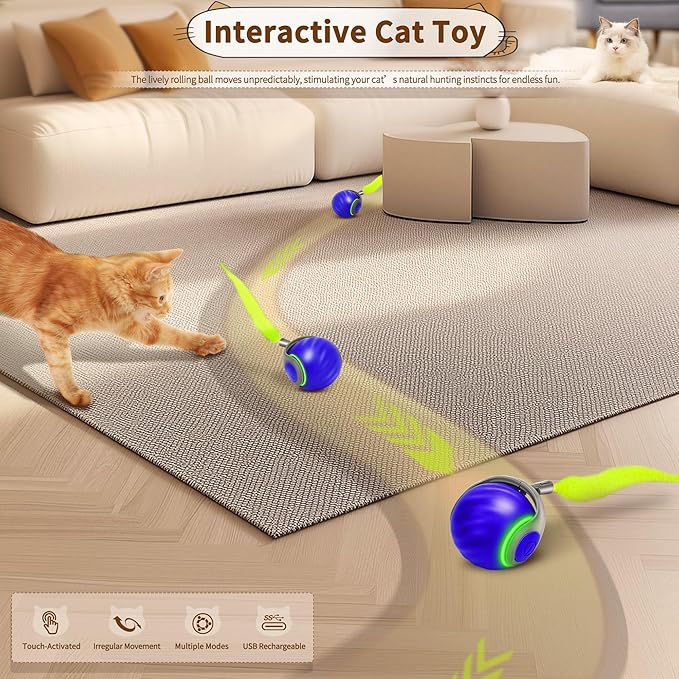 Interactive Cat Toy Ball-Motion-Activated Rolling Toy with 2 Feather Tails, 2 Speeds, USB Rechargeable, Smart Indoor Cat Toys to Keep Cats Active, Happy and Entertained (Blue)