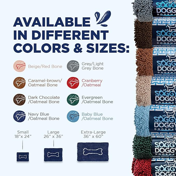 Soggy Doggy Doormat with Bone Design - Ultra Absorbent Microfiber Chenille Wet Dog Mat for Muddy Paws - Non-Slip and Machine Washable (Navy Blue/Oatmeal Bone, Large 26” x 36”)